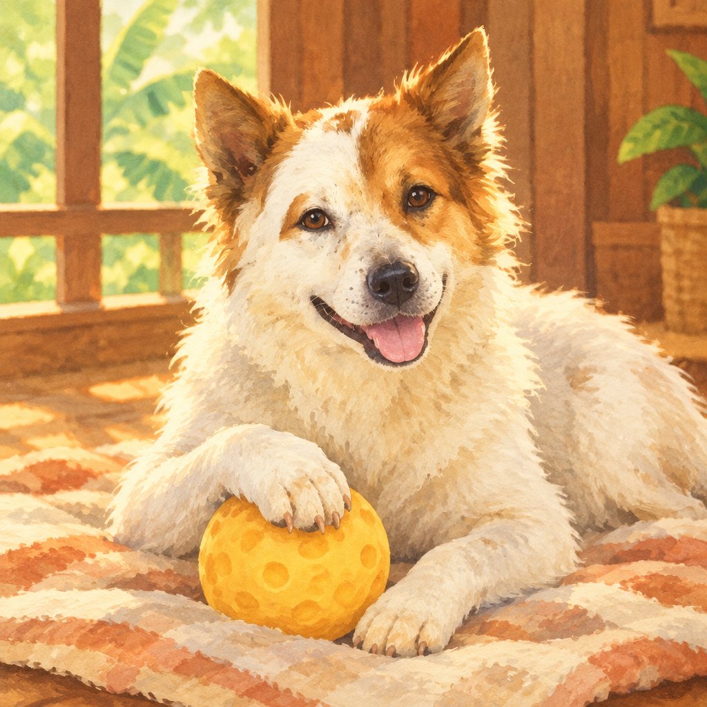 Storybook painting of Foxy smiling on a blanket with his paw on a yellow ball