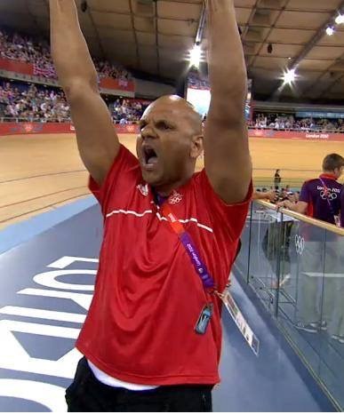 Peter celebrating trackside at the London 2012 Olympic velodrome